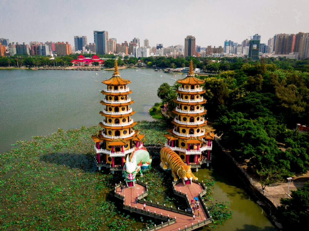 an aerial view of the Dragon and Tiger Pagodas in Kaohsiung, Taiwan. You can reach via Taiwan HSR App called T Express